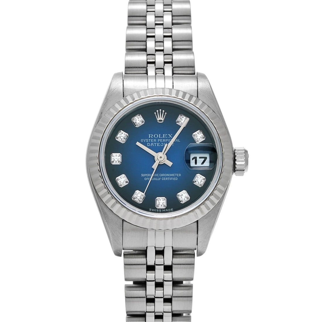 ROLEX DATEJUST BLUE GRADIENT DIAMOND WATCH: ROLEX Datejust Blue Gradient diamond WATCH Brand: ROLEX Type: Wristwatch Material: Band Material Stainless steel, Case Material Stainless steel Color: Dial Color Blue Gradient Size: Case H/about 2