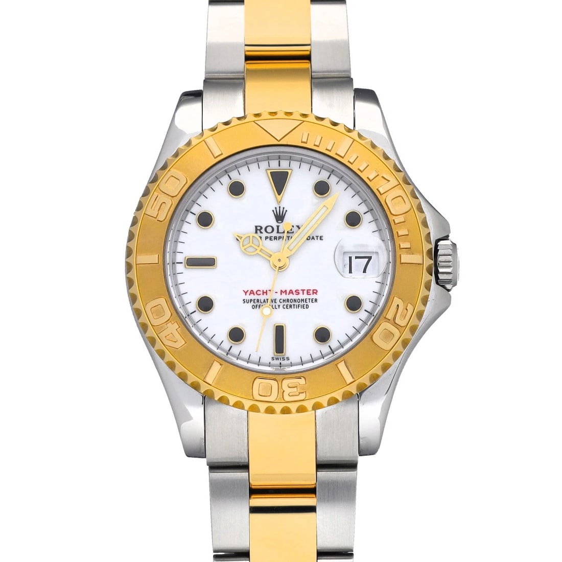 ROLEX YACHT MASTER WHITE WATCH: ROLEX Yacht Master white WATCH Brand: ROLEX Type: Wristwatch Material: Band Material Stainless steel/Yellow Gold, Case Material Stainless steel Color: Dial Color white Size: Case H/about 34mm W/ab