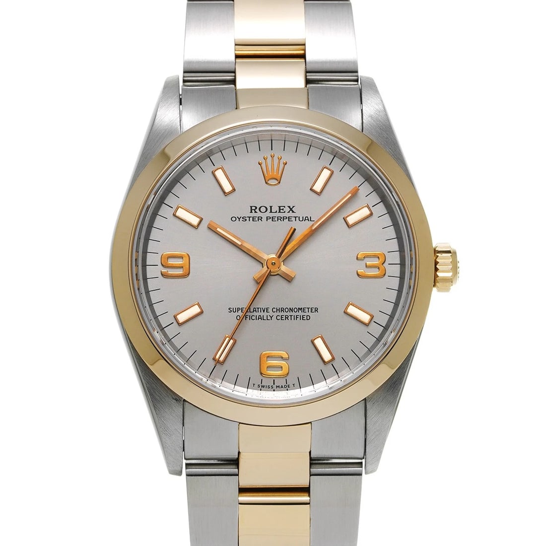ROLEX OYSTER PERPETUAL GRAY WATCH: ROLEX Oyster Perpetual gray WATCH Brand: ROLEX Type: Wristwatch Material: Band Material Stainless steel/Yellow Gold, Case Material Stainless steel Color: Dial Color gray Size: Case H/about 34mm W/