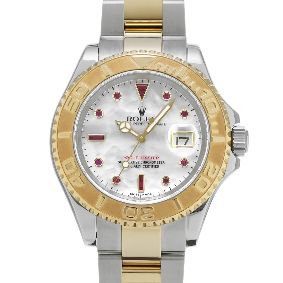 ROLEX YACHT MASTER WHITE SHELL RUBY WATCH: ROLEX Yacht Master White shell Ruby WATCH Brand: ROLEX Type: Wristwatch Material: Band Material Stainless steel/Yellow Gold, Case Material Stainless steel Color: Dial Color White shell Size: Case