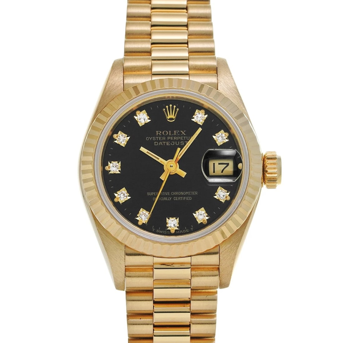 ROLEX DATEJUST BLACK DIAMOND WATCH: ROLEX Datejust black diamond WATCH Brand: ROLEX Type: Wristwatch Material: Band Material Yellow Gold, Case Material Yellow Gold Color: Dial Color black Size: Case H/about 26mm W/about 26mm