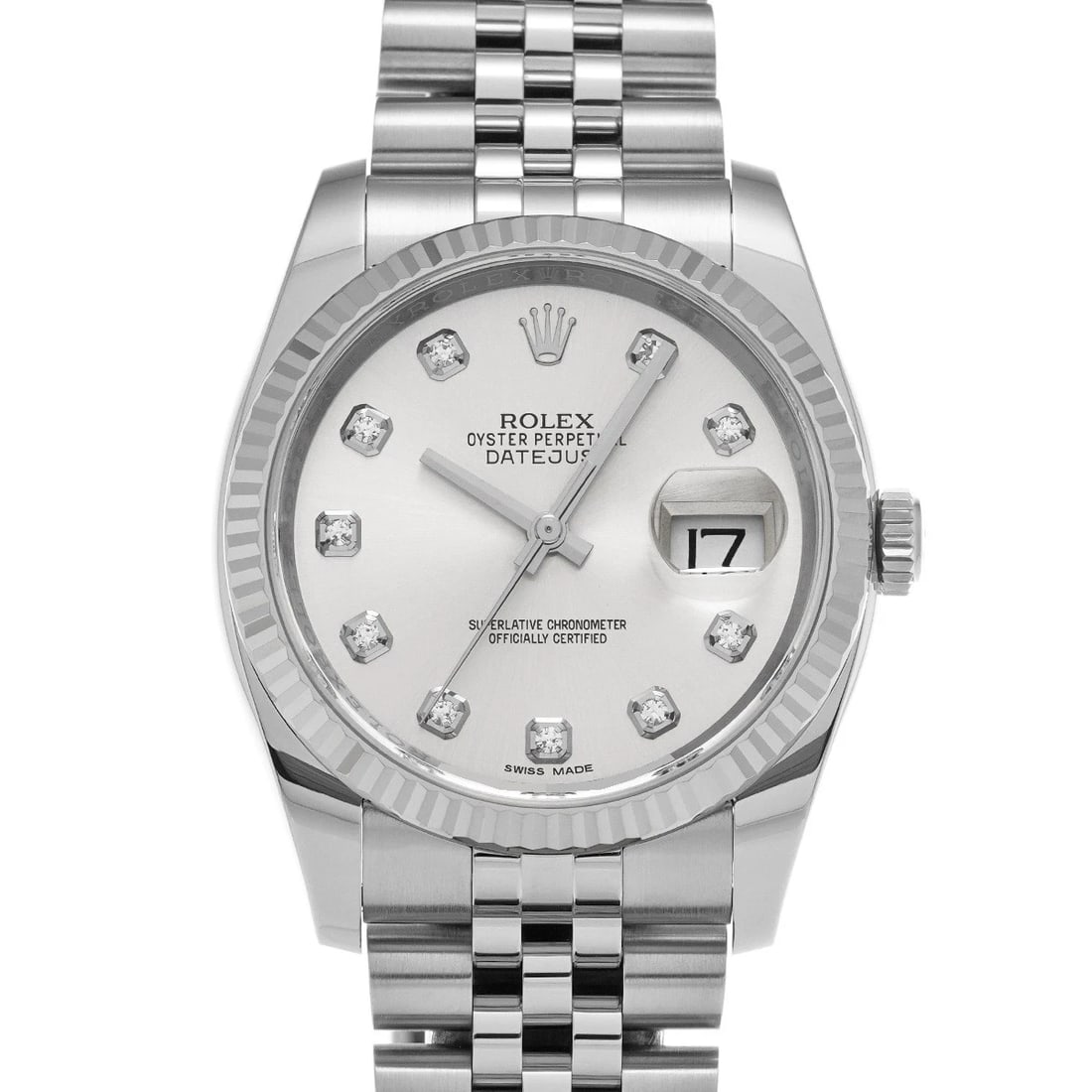 ROLEX DATEJUST SILVER DIAMOND WATCH: ROLEX Datejust Silver diamond WATCH Brand: ROLEX Type: Wristwatch Material: Band Material Stainless steel, Case Material Stainless steel Color: Dial Color Silver Size: Case H/about 36mm W/about 36