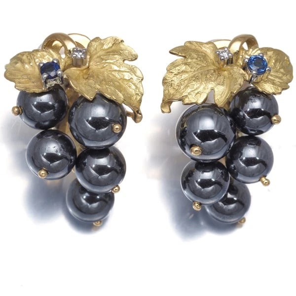 AS TIME EARRINGS HEMATITE SAPPHIRE DIAMOND FLORA GRAPES (1 of 3)