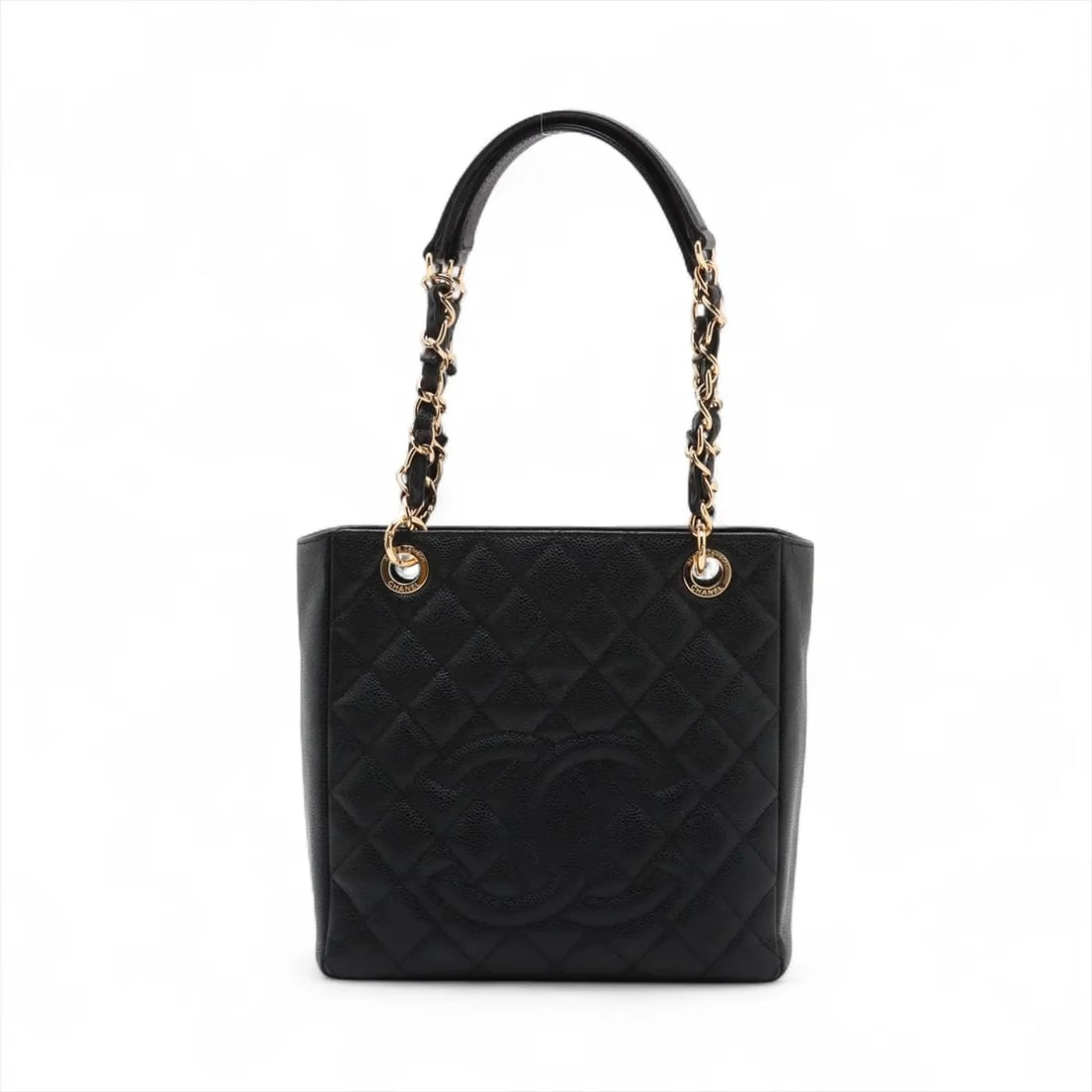 CHANEL PST CAVIAR SKIN CHAIN TOTE BAG BLACK GOLD: Chanel PST Caviar Skin Chain Tote Bag Black Gold Brand: Chanel Type: Tote bag Material: Caviar Skin Color: Black Size: Height:9.1inch Length:9.3inch Depth:3.3inch Shoulder height:8.9inch Accessor