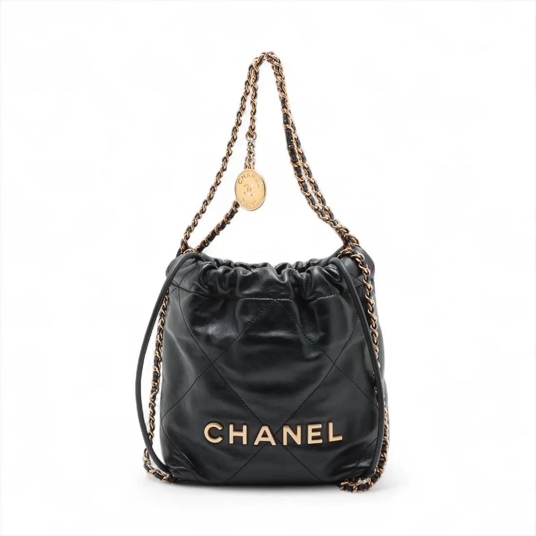 CHANEL 22 MINI SHINY CALFSKIN CHAIN SHOULDER BAG: Chanel 22 mini shiny calfskin Chain Shoulder Bag Brand: Chanel Type: Shoulder bag Material: shiny calfskin Color: Black Size: Height:7.7inch Length:6.5inch Depth:2.4inch Shoulder height:21.7inch
