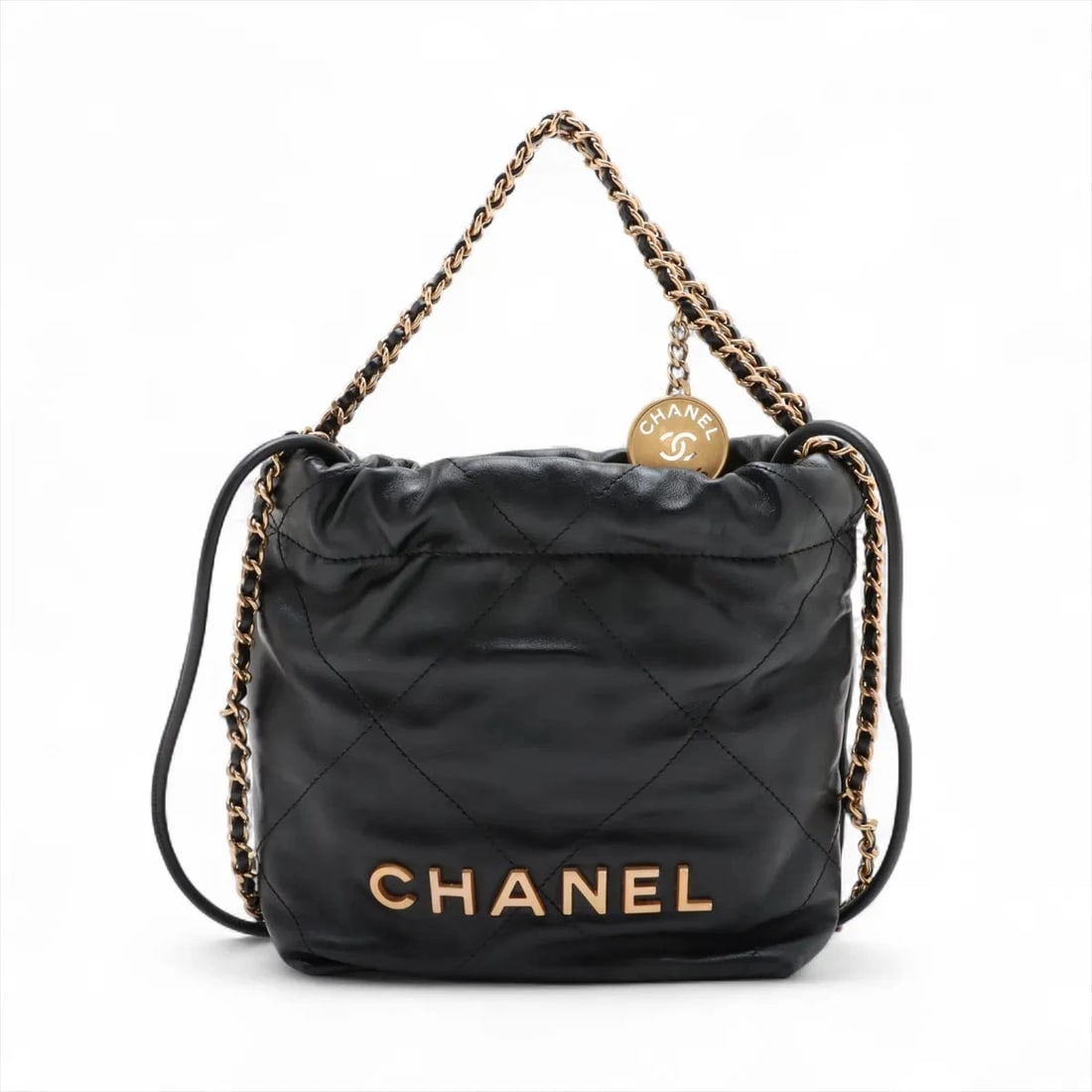 CHANEL 22 MINI SHINY CALFSKIN CHAIN SHOULDER BAG: Chanel 22 Mini shiny calfskin Chain Shoulder Bag Brand: Chanel Type: Shoulder bag Material: shiny calfskin Color: Black Size: Height:7.3inch Length:6.7inch Depth:2.4inch Handle height:4.5inch Shou
