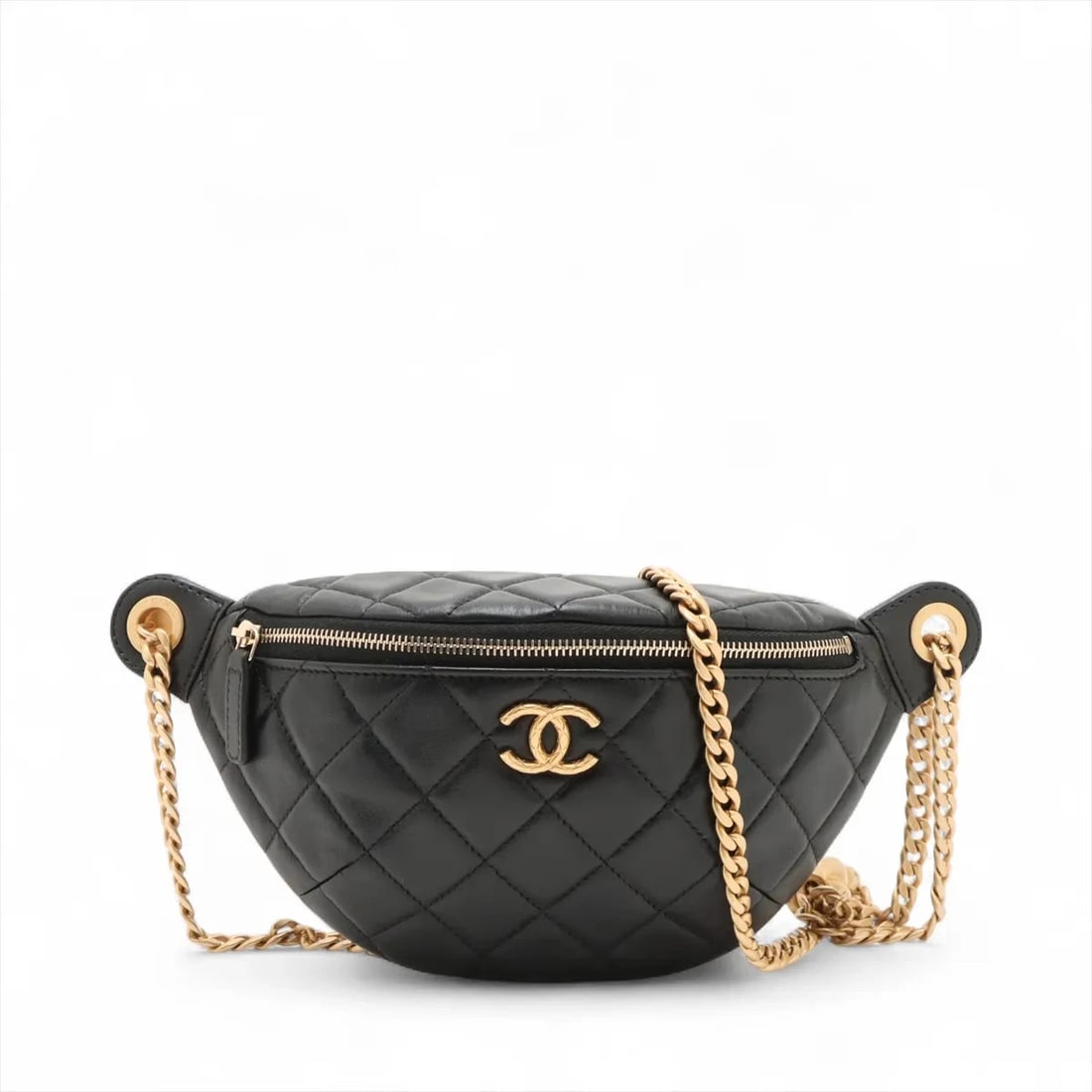 CHANEL MATELASSE LAMBSKIN SLING BACKPACK: Chanel Matelasse Lambskin Sling backpack Brand: Chanel Type: Waist pouch/Body bag Material: Lambskin Color: Black Size: Height:4.7inchLength:8.7inchDepth:2.4inch Accessories: None Accessor