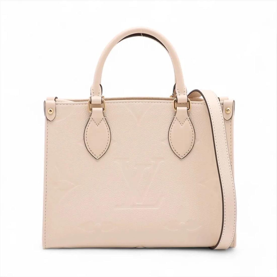 LOUIS VUITTON MONOGRAM EMPREINTE ON THE GO PM: Louis Vuitton Monogram Empreinte On the Go PM Brand: Louis Vuitton Type: Hand bag Material: None Color: White Size: Height:7.5inch Length:9.8inch Depth:4.1inch Handle height:3.3inch Shoulder heigh