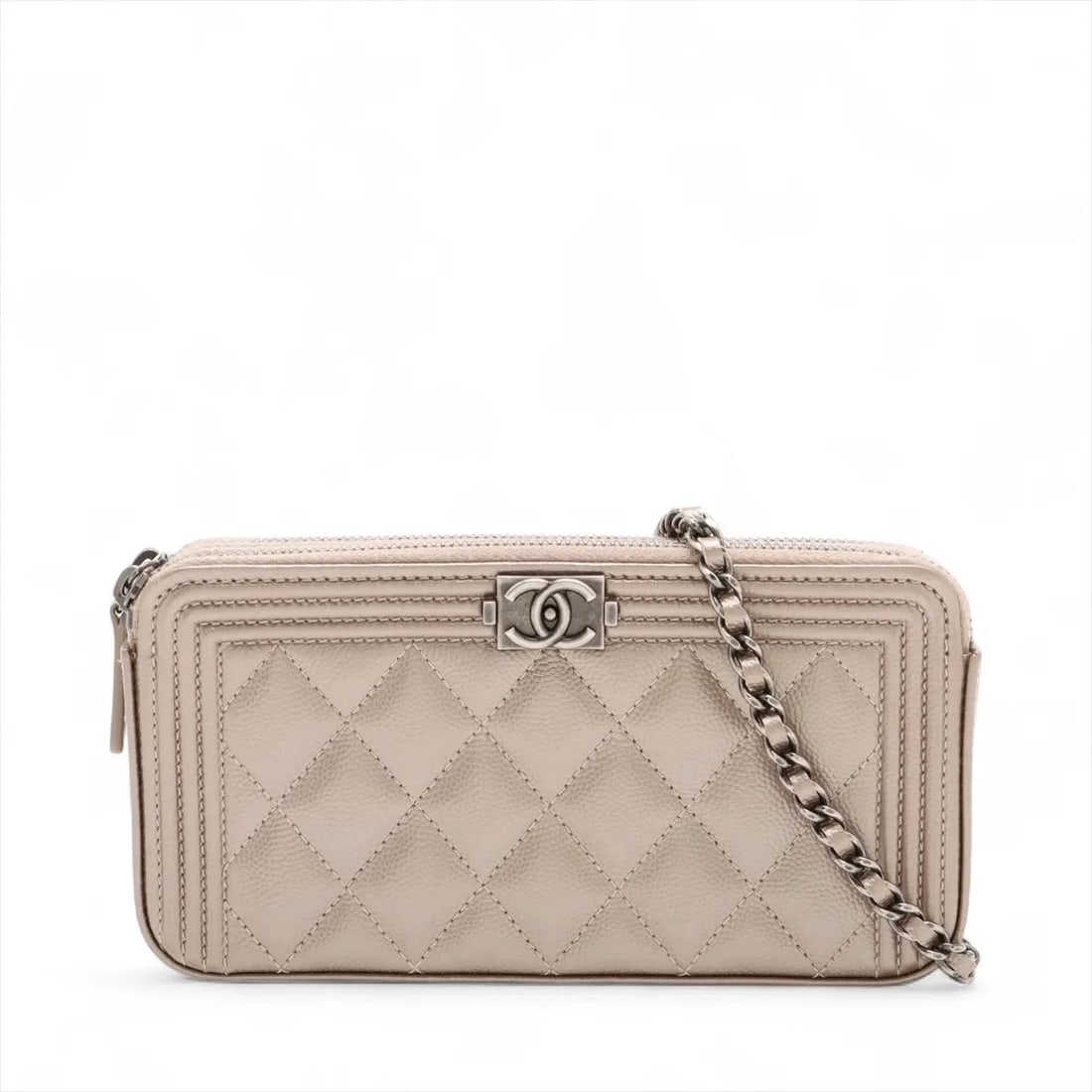 CHANEL CAVIAR SKIN CHAIN WALLET GOLD GUNMETAL: CHANEL Caviar Skin Chain Wallet Gold Gunmetal Brand: Chanel Type: Shoulder bag Material: Caviar Skin Color: Gold Size: Height:3.7inch Length:7.3inch Depth:1.2inch Shoulder height:24.0inch Accesso