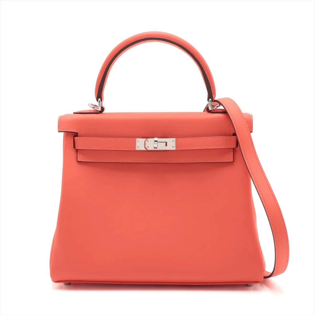 HERMES KELLY 25 VEAU SWIFT ORANGEFIELD SILVER: Hermes Kelly 25 Veau Swift Orangefield Silver Brand: Hermes Type: Hand bag Material: Veau Swift Color: Orangefield Size: Height:6.9inch Length:9.3inch Depth:3.7inch Handle height:3.1inch Accessor
