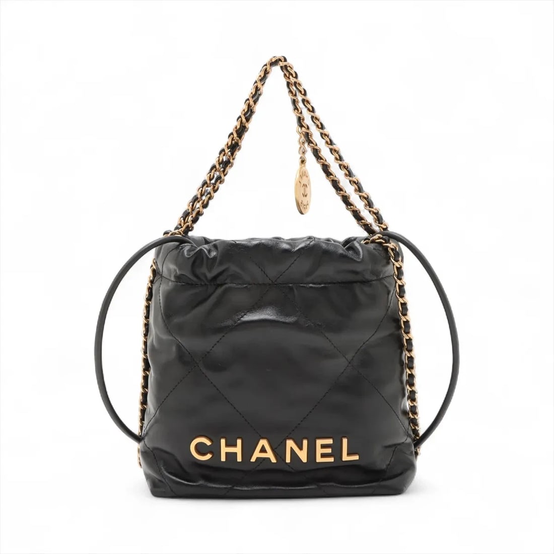 CHANEL 22 MINI SHINY CALFSKIN CHAIN SHOULDER BAG: Chanel 22 Mini shiny calfskin Chain Shoulder Bag Brand: Chanel Type: Shoulder bag Material: shiny calfskin Color: Black Size: Height:7.1inch Length:6.7inch Depth:2.6inch Handle height:4.5inch Shou