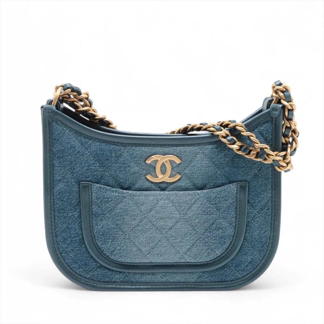 CHANEL MATELASSE DENIM X LEATHER CHAIN SHOULDER BAG: Chanel Matelasse denim x leather Chain Shoulder Bag Brand: Chanel Type: Shoulder bag Material: Denim Color: Blue Size: Height:8.1inch Length:10.0inch Depth:2.8inch Handle height:7.9inch