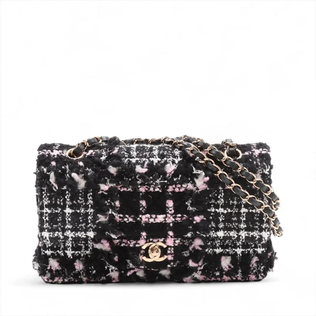 CHANEL MATELASSE 25 TWEED X SEQUINS DOUBLE FLAP DOUBLE CHAIN BAG: Chanel Matelasse 25 tweed x sequins Double Flap Double Chain Bag Brand: Chanel Type: Shoulder bag Material: Tweed Color: Black Size: Height:6.1inch Length:10.0inch Depth:2.6inch Shoulder
