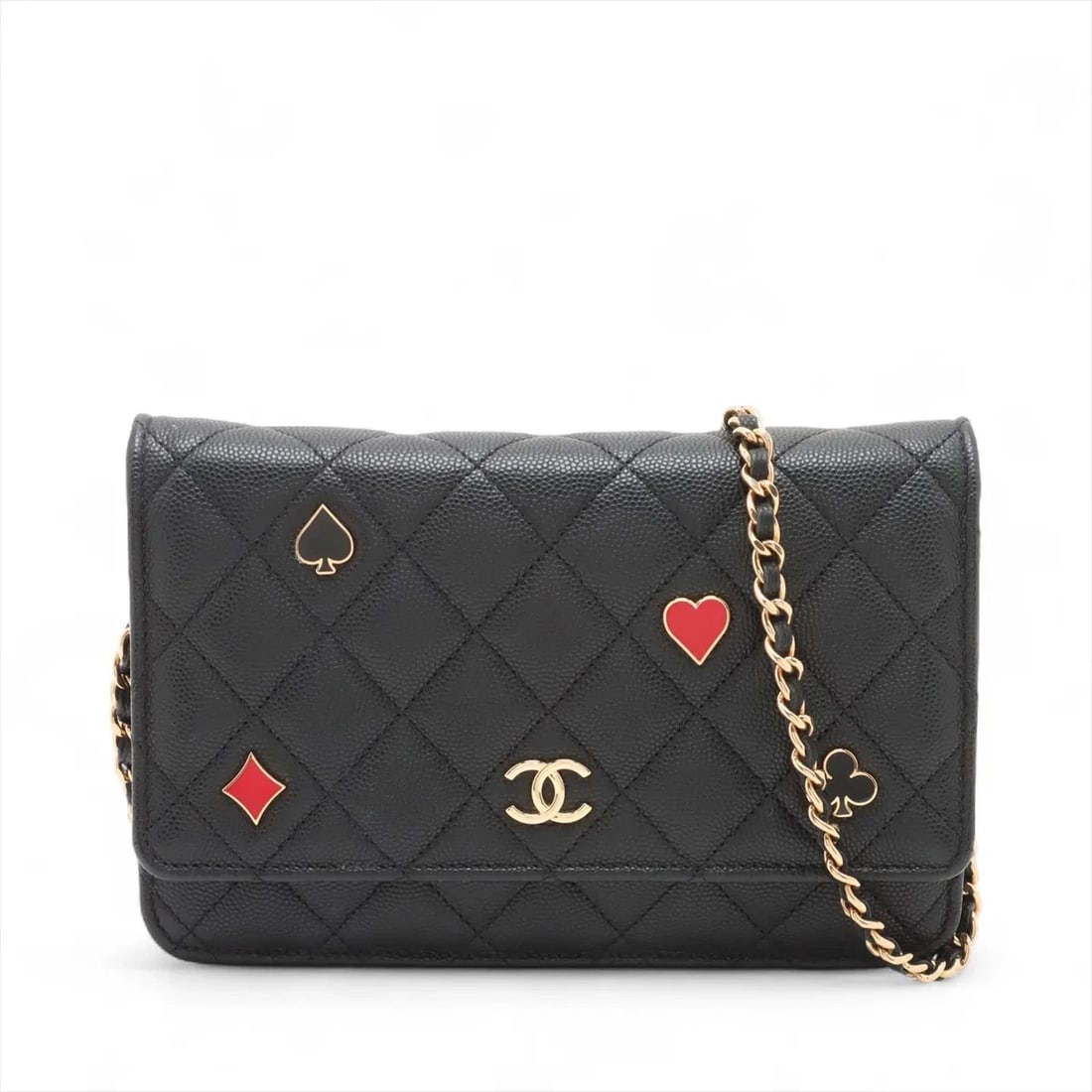 CHANEL MATELASSE CAVIAR SKIN CHAIN WALLET: Chanel Matelasse Caviar Skin Chain Wallet Brand: Chanel Type: Shoulder bag Material: Caviar Skin Color: Black Size: Height:5.1inch Length:7.5inch Depth:1.6inch Shoulder height:24.4inch Accessorie