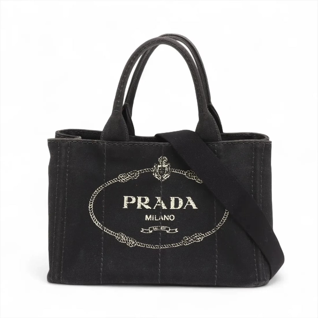 PRADA CANAPA CANVAS 2 WAY HANDBAG BLACK (1 of 7)