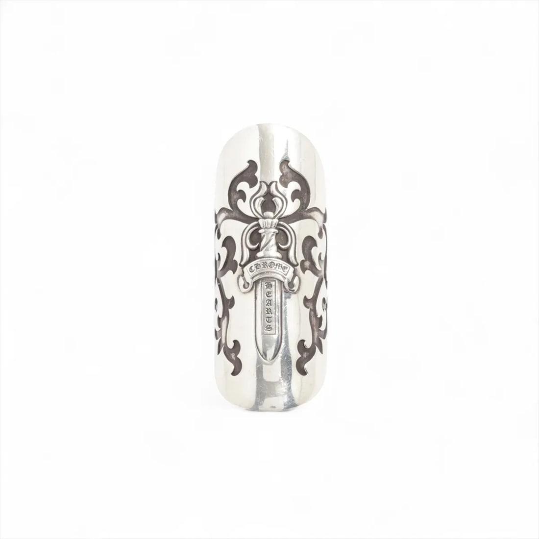 CHROME HEARTS CANNOLI RING 925: Chrome Hearts Cannoli Ring 925 Brand: Chrome Hearts Type: Ring Material: 925 Silver Color: none Size: 7.5 - 7.75 Accessories: None Accessories Notice: When purchasing pre-owned goods, please