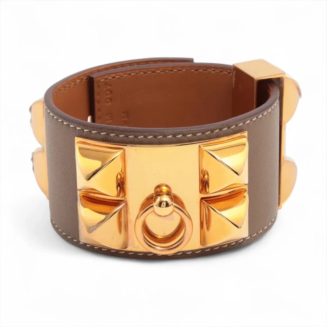 HERMÈS MEDOR COLLIER DE CHIEN BANGLE T2 GP & LEATHER GREIGE X GOLD (1 of 4)