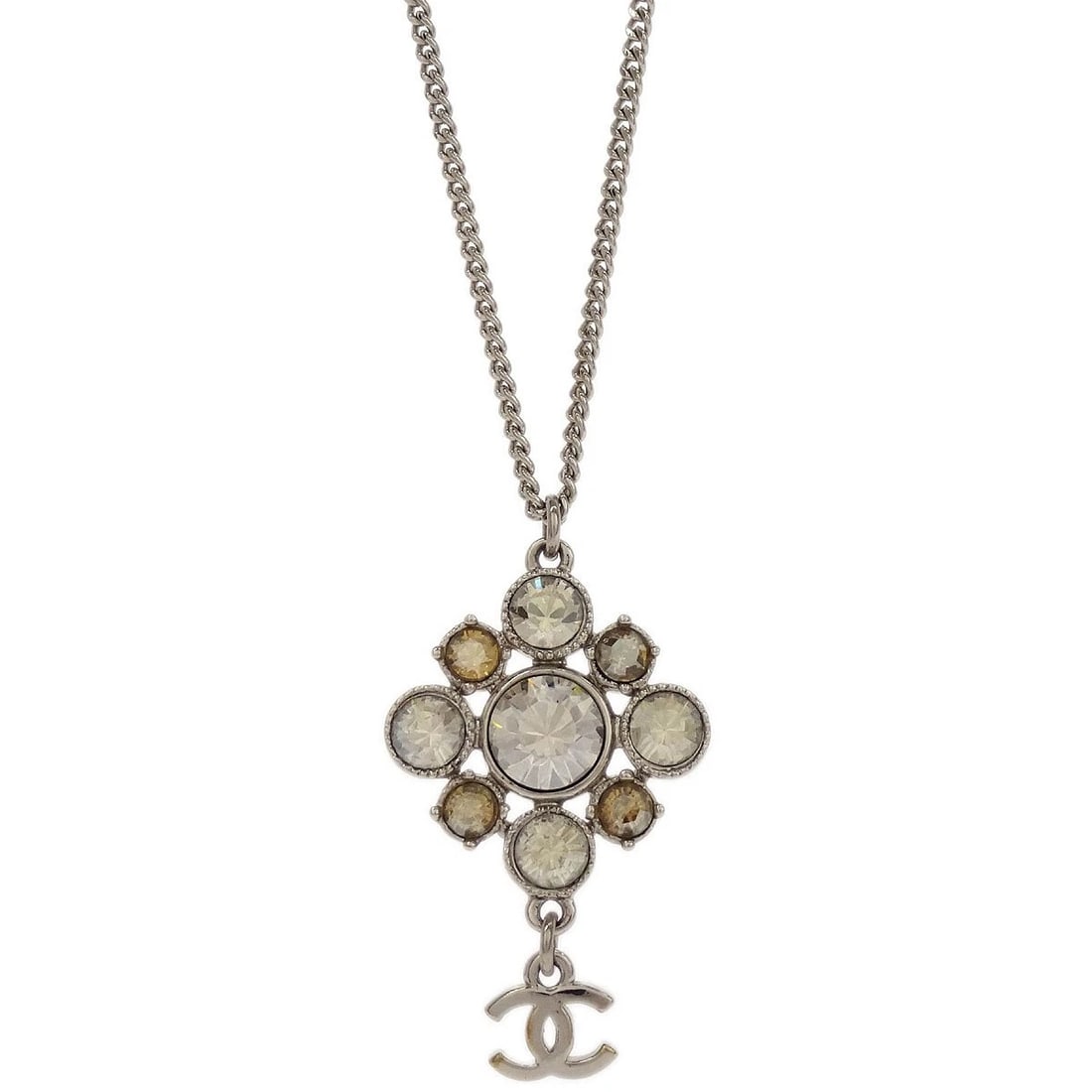 CHANEL NECKLACE PENDANT RHINESTONE SILVER: Chanel Necklace Pendant Rhinestone Silver Brand: CHANEL Type: Pendant Material: Silver Plated Rhinestone Main Stone/Creation Stone Color: Silver Size: Chain(Overall) : 47.0 cm Charm : W 2.3 × H 3
