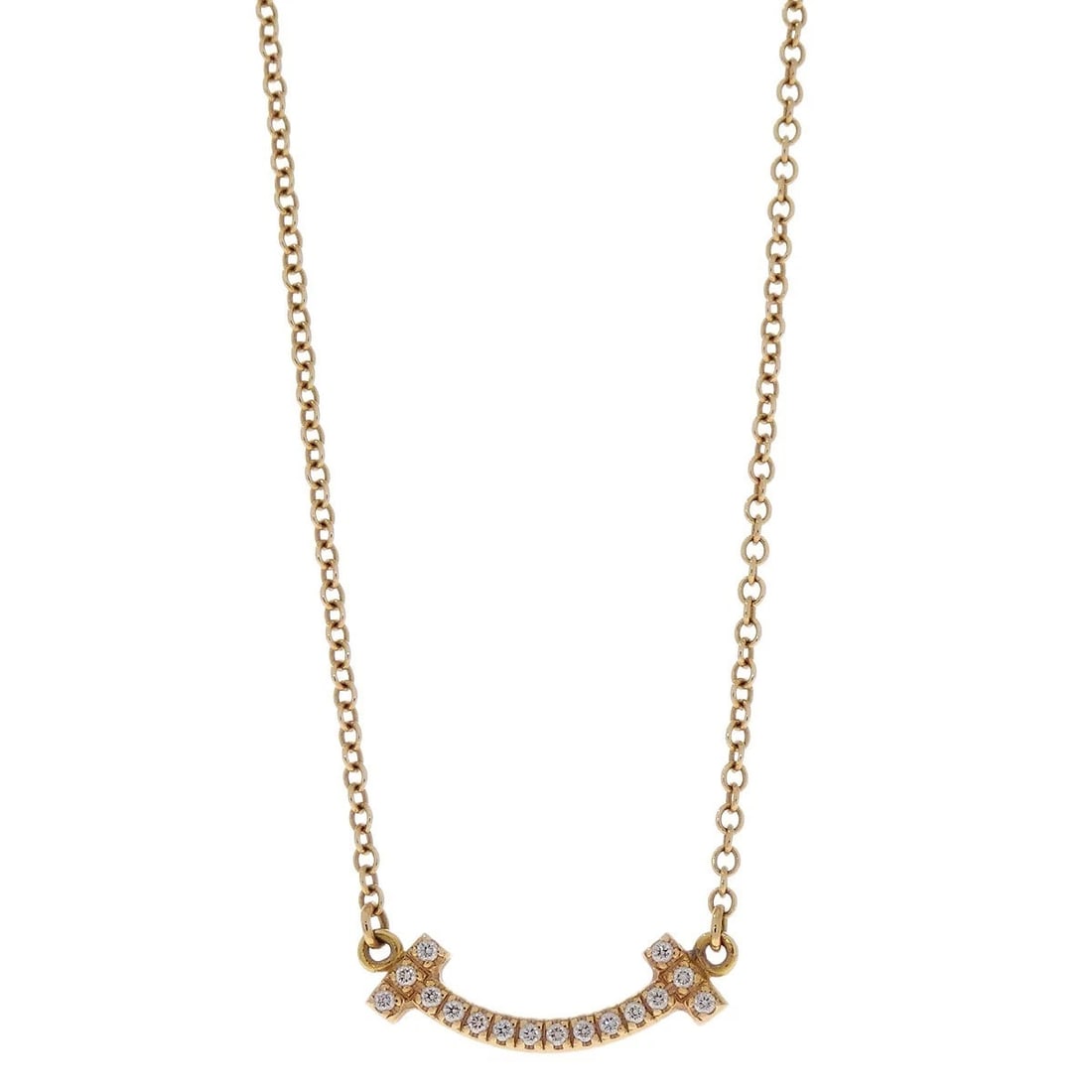 TIFFANY & CO. T SMILE MINI PENDANT NECKLACE: Tiffany & Co. T Smile Mini Pendant Necklace Brand: Tiffany & Co. Type: Necklace Material: Au750(750PG) Diamond Main Stone/Creation Natural Color: Gold Size: Chain(Overall) : 46.0 cm Top : W 1.3 x