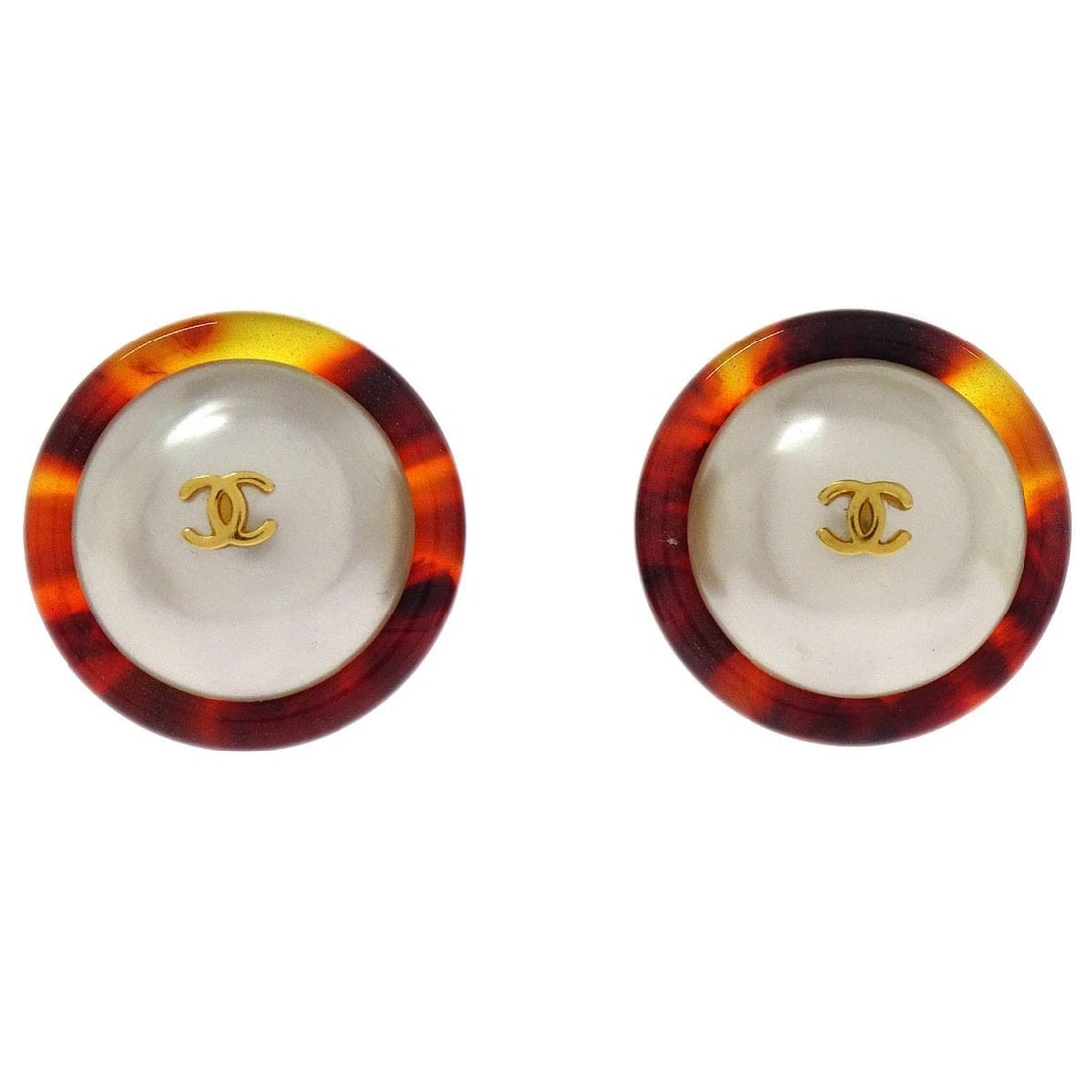 CHANEL BUTTON EARRINGS CLIP-ON GOLD WHITE BROWN: Chanel Button Earrings Clip-On Gold White Brown Brand: Chanel Type: Earrings Material: Gold Plated Acrylic Artificial Pearl Color: Gold, White, Brown Size: Diameter : 2.4 cm Accessories: None