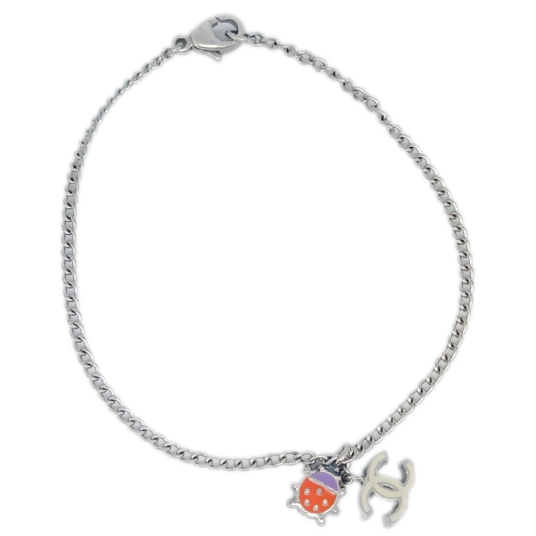 CHANEL SILVER CHAIN LADYBUG BRACELET: Chanel Silver Chain Ladybug Bracelet Brand: CHANEL Type: Bracelet Material: Silver plated Color: Silver Size: Inner circumference : 18.0 cm Charm(CC) : W 1.0 x H 0.6 cm Accessories: None A