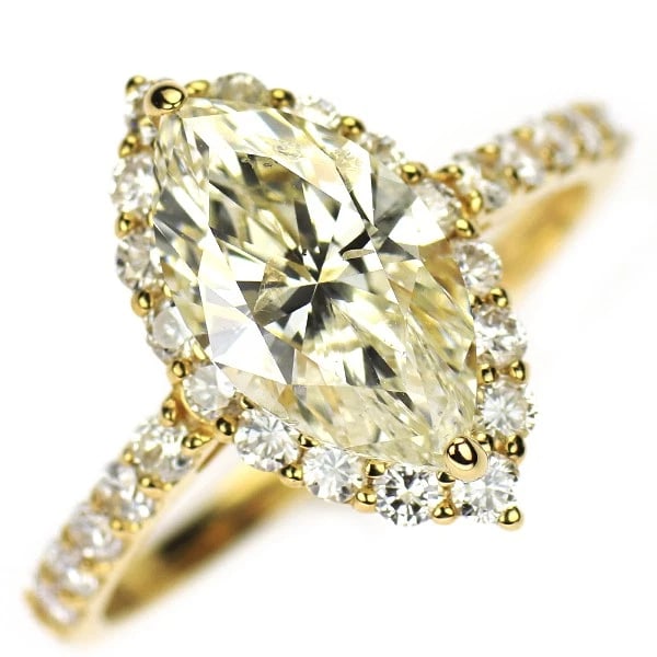 K18YG MARQUISE CUT DIAMOND RING: K18YG Marquise Cut Diamond Ring Brand: None Type: ring Material: Metal K18YG Main Stone/Creation Natural Color: None Size: 6 US Accessories: None Accessories Notice: When purchasing pre-owned