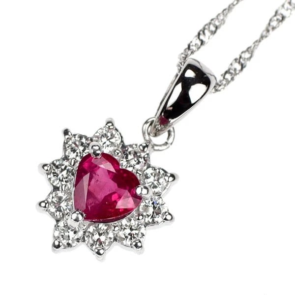 PT900/ K18WG HEART SHAPE RUBY DIAMOND PENDANT NECKLACE: Pt900/ K18WG Heart Shape Ruby Diamond Pendant Necklace Brand: None Type: pendant necklace Material: Metal K18WG Main Stone/Creation Ruby Color: None Size: Necklace: Chain Length