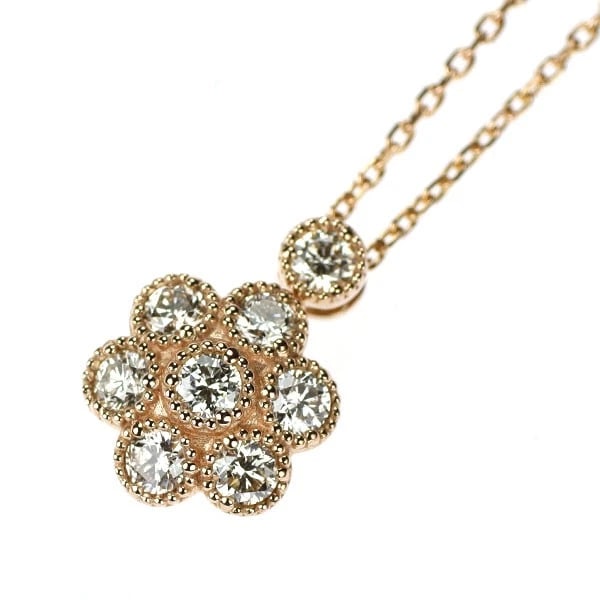 K18PG FLOWER DIAMOND PENDANT NECKLACE: K18PG flower diamond pendant necklace Brand: None Type: pendant necklace Material: Metal K18PG Main Stone/Creation Natural Color: pink gold Size: Necklace: Chain Length