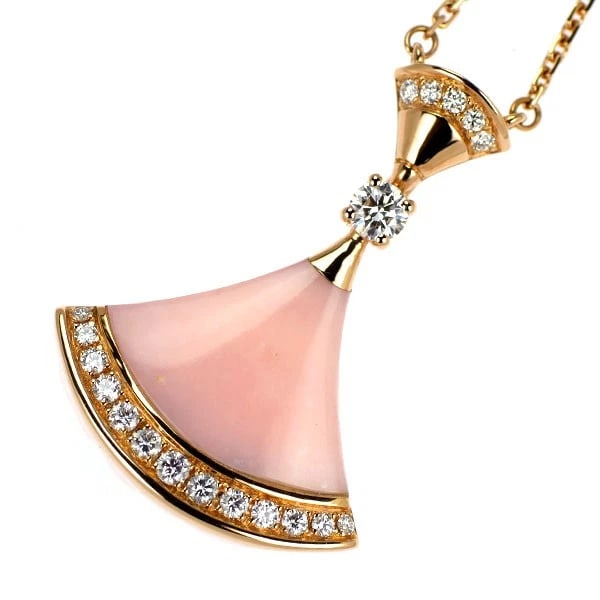 BULGARI K18PG PINK OPAL DIAMOND PENDANT NECKLACE: Bulgari K18PG Pink Opal Diamond Pendant Necklace Brand: Bvlgari Type: pendant necklace Material: Metal K18PG Main Stone/Creation pink opal Color: None Size: Necklace: Chain Length 44