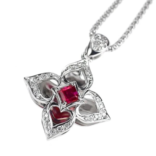 K18WG RUBY DIAMOND PENDANT NECKLACE: K18WG Ruby Diamond Pendant Necklace Brand: None Type: pendant necklace Material: Metal Gold Main Stone/Creation Ruby Color: Gold Size: Necklace: Chain Length