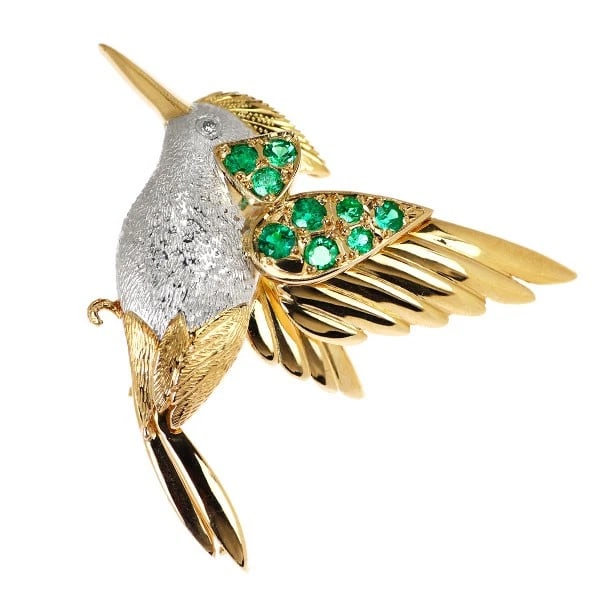 K18YG/ PT900 EMERALD DIAMOND BROOCH (1 of 3)