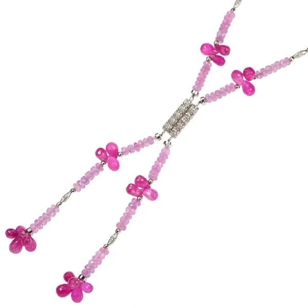 K18WG PINK SAPPHIRE NECKLACE: K18WG pink sapphire necklace Brand: None Type: necklace Material: Metal K18WG Main Stone/Creation pink sapphire Color: None Size: Necklace: Chain Length 68.5?77 Accessories: None Accessories