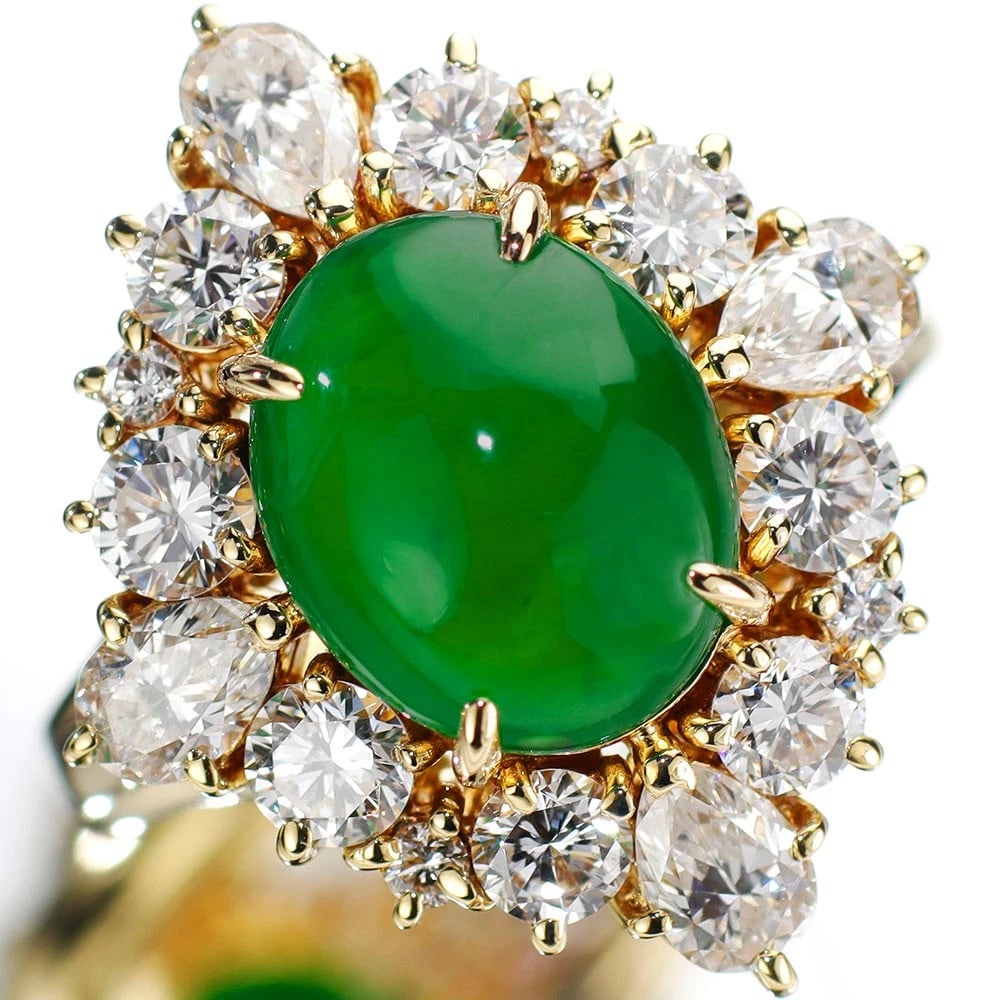 MIKIMOTO K18YG JADE DIAMOND RING: Mikimoto K18YG Jade Diamond Ring Brand: Mikimoto Type: ring Material: Metal K18YG Main Stone/Creation jade/jade Color: None Size: 4.75 - 5 US Accessories: None Accessories Notice: When pur