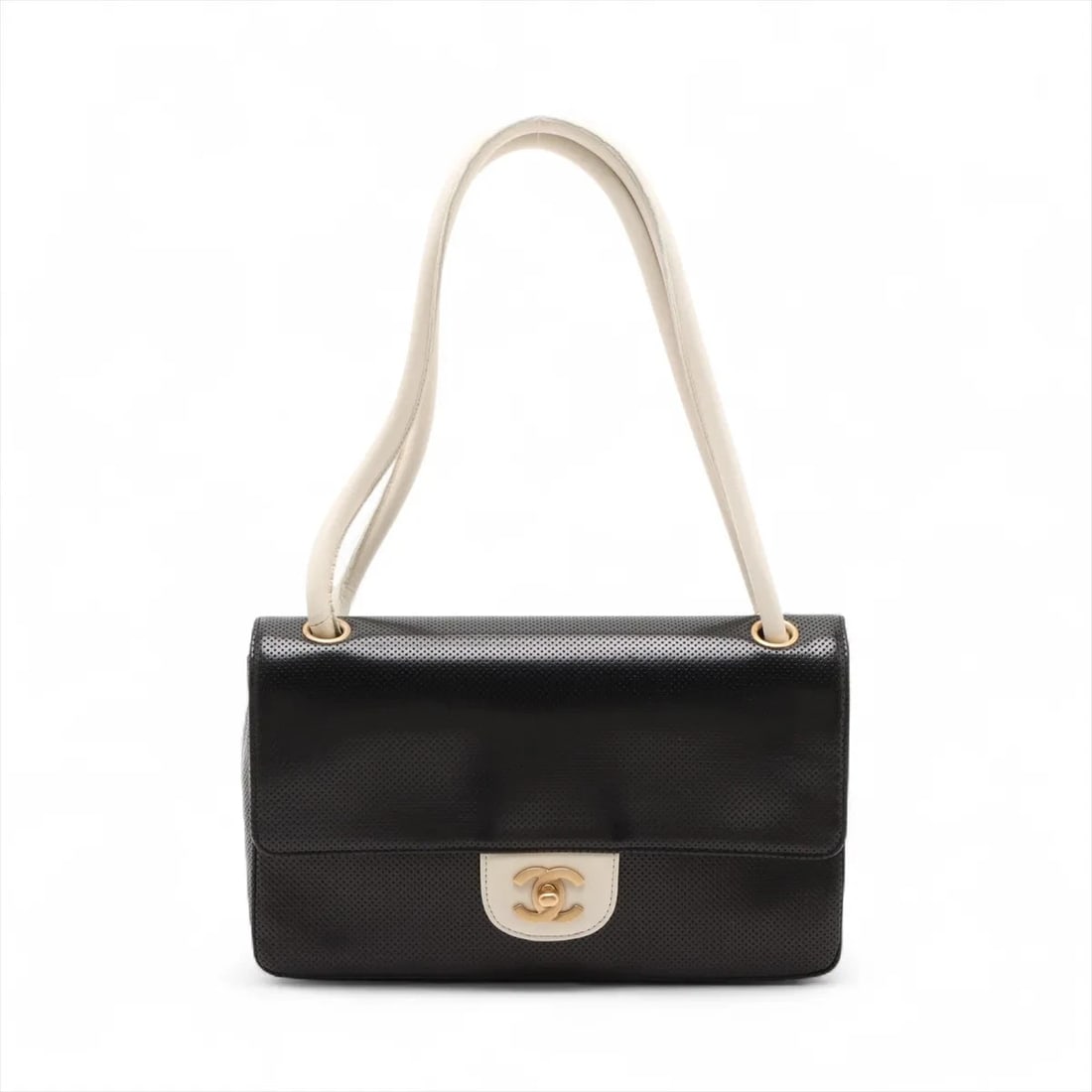 CHANEL COCO MARK PUNCHING LEATHER SHOULDER BAG: Chanel Coco Mark Punching leather Shoulder bag Brand: Chanel Type: Shoulder bag Material: Punching leather Color: Black Size: Height:5.9inch Length:9.6inch Depth:2.2inch Shoulder height:8.1inch A