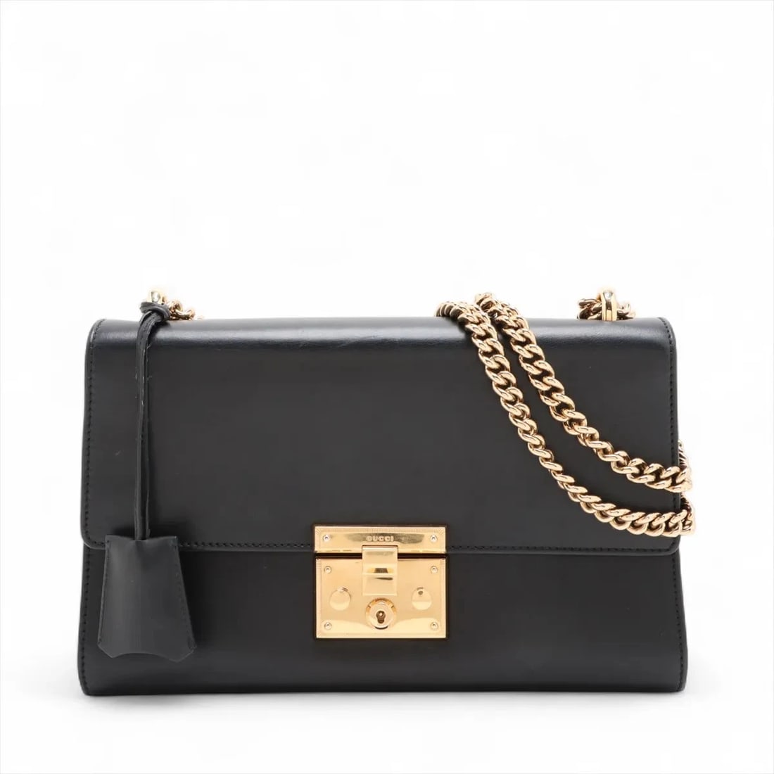 GUCCI PADLOCK LEATHER CHAIN SHOULDER BAG: Gucci Padlock Leather Chain Shoulder Bag Brand: Gucci Type: Shoulder bag Material: Leather Color: Black Size: Height:7.5inch Length:11.8inch Depth:4.1inch Shoulder height:18.1inch 