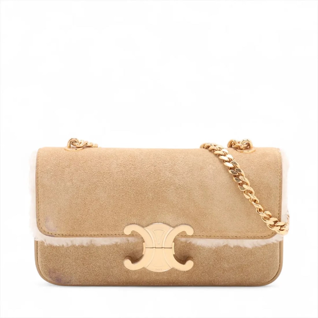 CELINE TRIOMPHE SUEDE X BOA CHAIN SHOULDER BAG: Celine Triomphe suede x boa Chain Shoulder Bag Brand: Celine Type: Shoulder bag Material: Suede Color: Beige Size: Height:4.5inch Length:8.3inch Depth:1.6inch Shoulder height:9.3inch Accessories:
