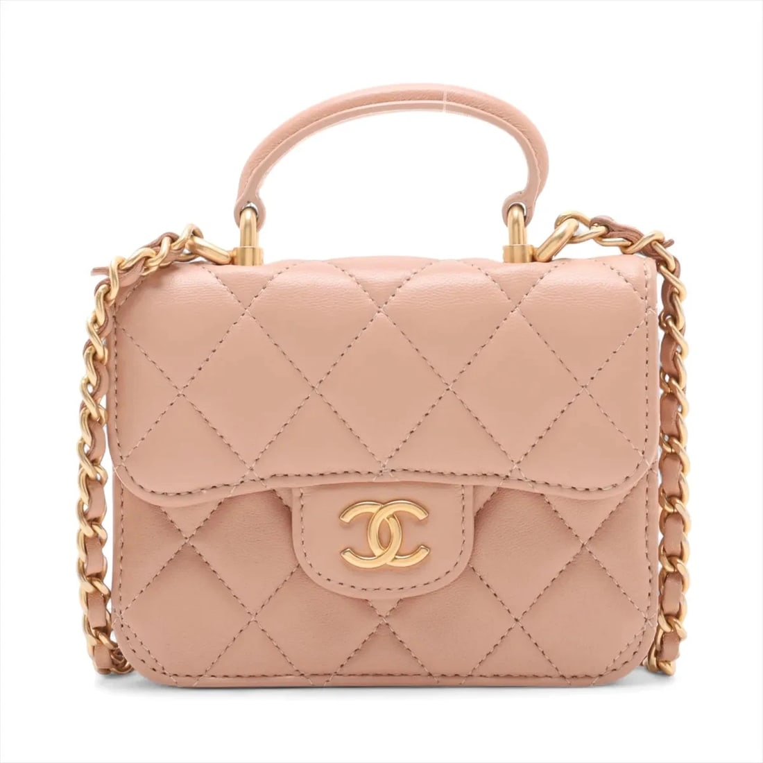 CHANEL MATELASSE LAMBSKIN CHAIN SHOULDER BAG: Chanel Matelasse Lambskin Chain Shoulder Bag Brand: Chanel Type: Shoulder bag Material: Lambskin Color: Beige Size: Height:3.7inch Length:4.9inch Depth:1.2inch Handle height:1.2inch Shoulder heigh