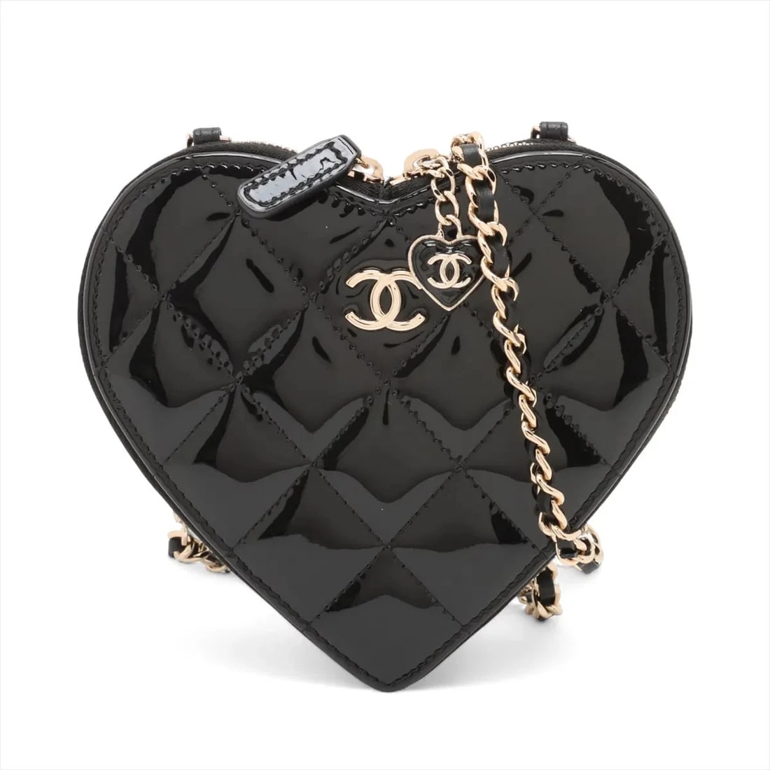 CHANEL MATELASSE PATENT LEATHER CHAIN SHOULDER BAG: Chanel Matelasse Patent Leather Chain Shoulder Bag Brand: Chanel Type: Shoulder bag Material: Patent Leather Color: Black Size: Height:5.5inch Length:5.9inch Depth:0.8inch Shoulder height:22.8inch