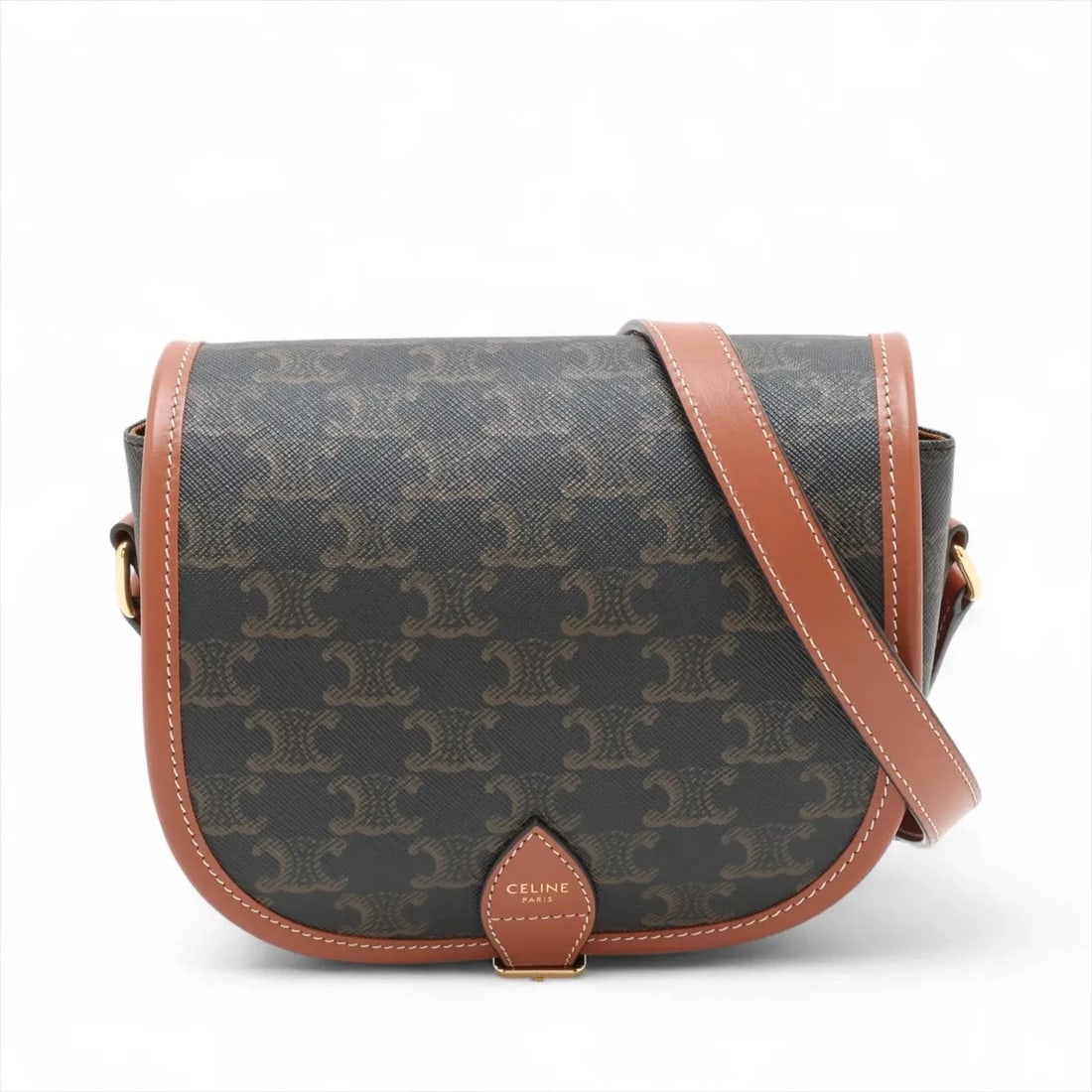 CELINE TRIOMPHE MEDIUM FOLCO PVCX LEATHER SHOULDER BAG: Celine Triomphe Medium Folco PVCx leather Shoulder bag Brand: Celine Type: Shoulder bag Material: PVC Color: Brown Size: Height:6.5inch Length:7.1inch Depth:2.2inch Shoulder height:21.3inch Acces