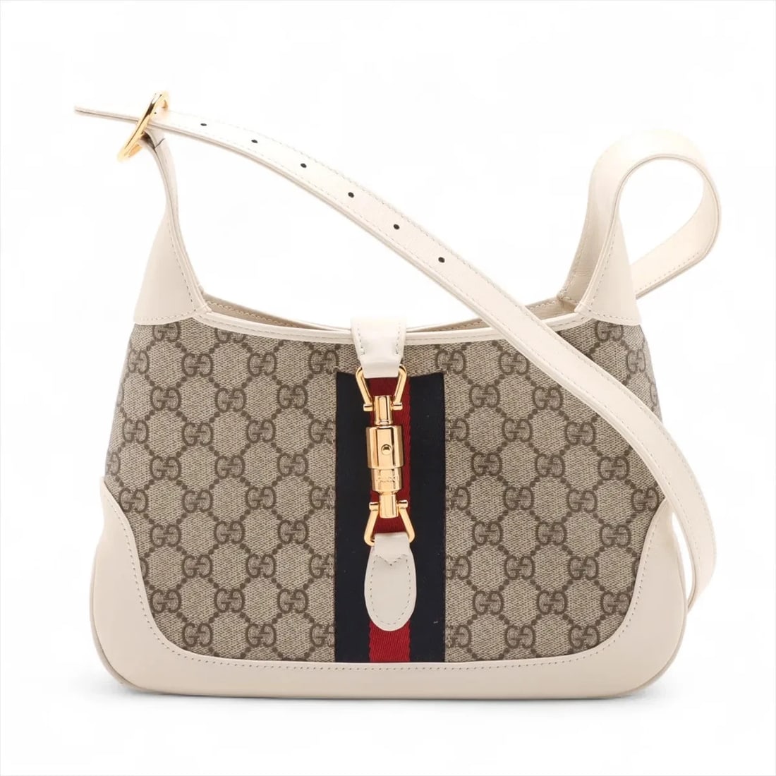 GUCCI GG SUPREME JACKIE PVCX LEATHER SHOULDER BAG: Gucci GG Supreme Jackie PVCx leather Shoulder bag Brand: Gucci Type: Shoulder bag Material: PVC Color: Beige Size: Height:7.5inch Length:11.0inch Depth:1.6inch Shoulder height:21.9inch Accessorie