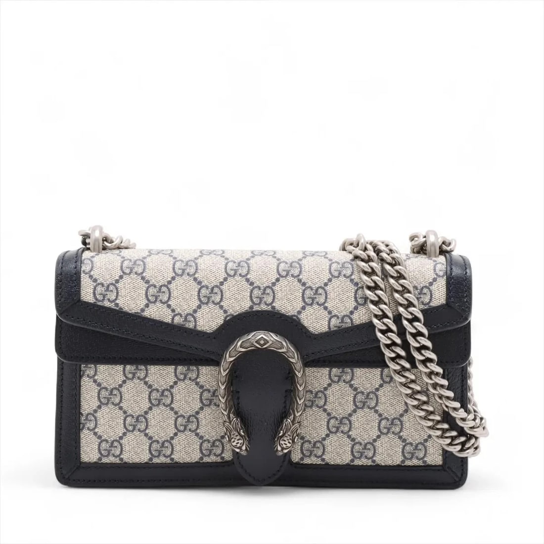 GUCCI GG SUPREME DIONYSUS PVCX LEATHER CHAIN SHOULDER BAG: Gucci GG Supreme Dionysus PVCx leather Chain Shoulder Bag Brand: Gucci Type: Shoulder bag Material: PVC Color: Navy Blue Size: Height:5.5inch Length:9.8inch Depth:2.8inch Shoulder height:22.4inch