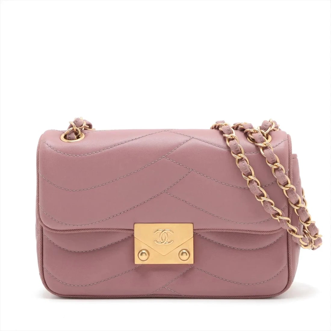 CHANEL COCO MARK LAMBSKIN SINGLE FLAP DOUBLE CHAIN BAG: Chanel Coco Mark Lambskin Single Flap Double Chain Bag Brand: Chanel Type: Shoulder bag Material: Lambskin Color: Pink Size: Height:5.5inch Length:8.5inch Depth:3.1inch Shoulder height:10.6inch A