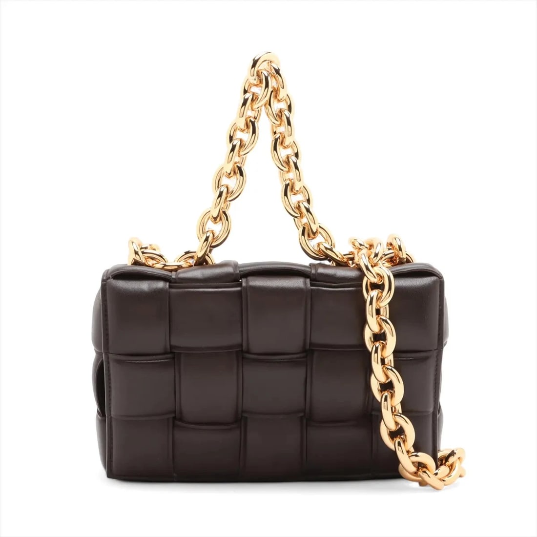 BOTTEGA VENETA MAXI INTRECCIATO PADETTE CASSETTE LEATHER CHAIN SHOULDER BAG: Bottega Veneta Maxi Intrecciato padette cassette Leather Chain Shoulder Bag Brand: Bottega Veneta Type: Shoulder bag Material: Leather Color: Brown Size: Height:6.9inch Length:9.6inch Depth:2.0inc