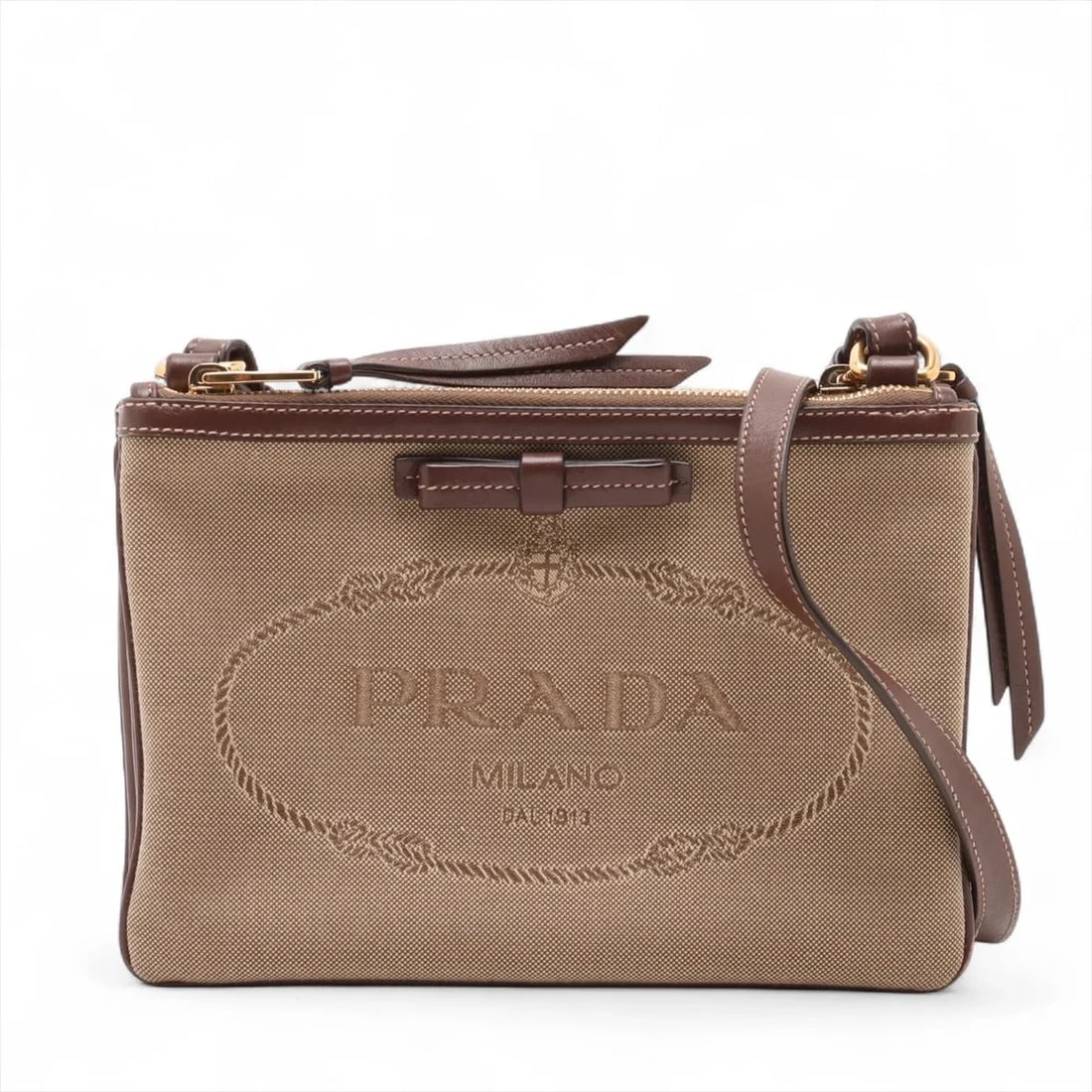 PRADA LOGO JACQUARD CANVAS X LEATHER SHOULDER BAG (1 of 5)