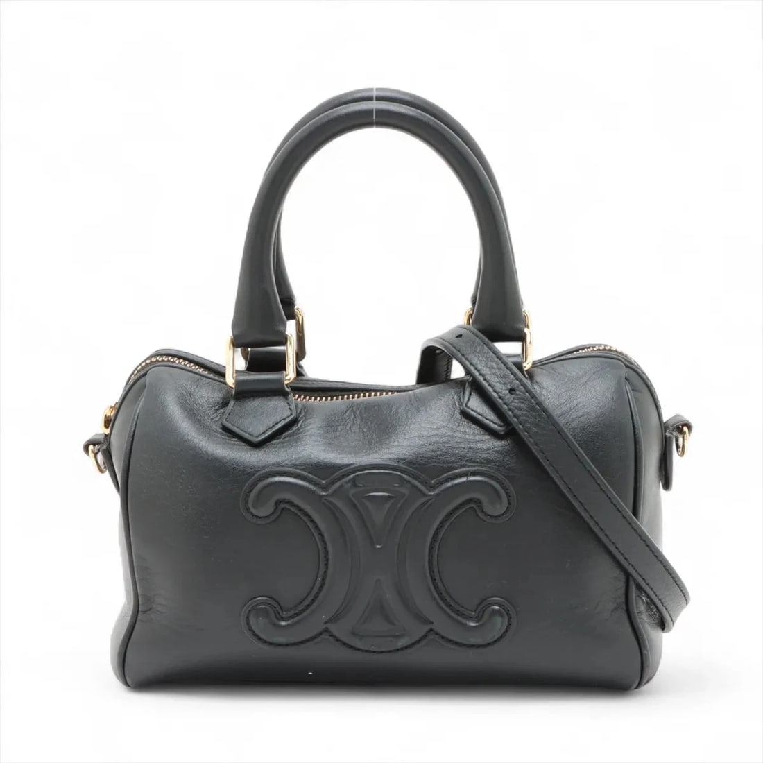 CELINE CUIR TRIOMPHE SMALL BOSTON LEATHER 2 WAY HANDBAG: Celine Cuir Triomphe Small Boston Leather 2 Way Handbag Brand: Celine Type: Hand bag Material: Leather Color: Black Size: Height:5.1inch Length:7.9inch Depth:4.3inch Handle height:3.5inch Shoulder