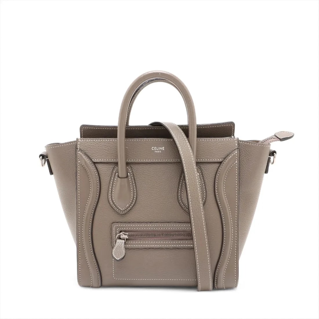 CELINE LUGGAGE NANO SHOPPER LEATHER 2 WAY HANDBAG: Celine Luggage Nano shopper Leather 2 Way Handbag Brand: Celine Type: Hand bag Material: Leather Color: Greige Size: Height:8.1inch Length:7.9inch Depth:3.9inch Handle height:2.0inch Shoulder heig