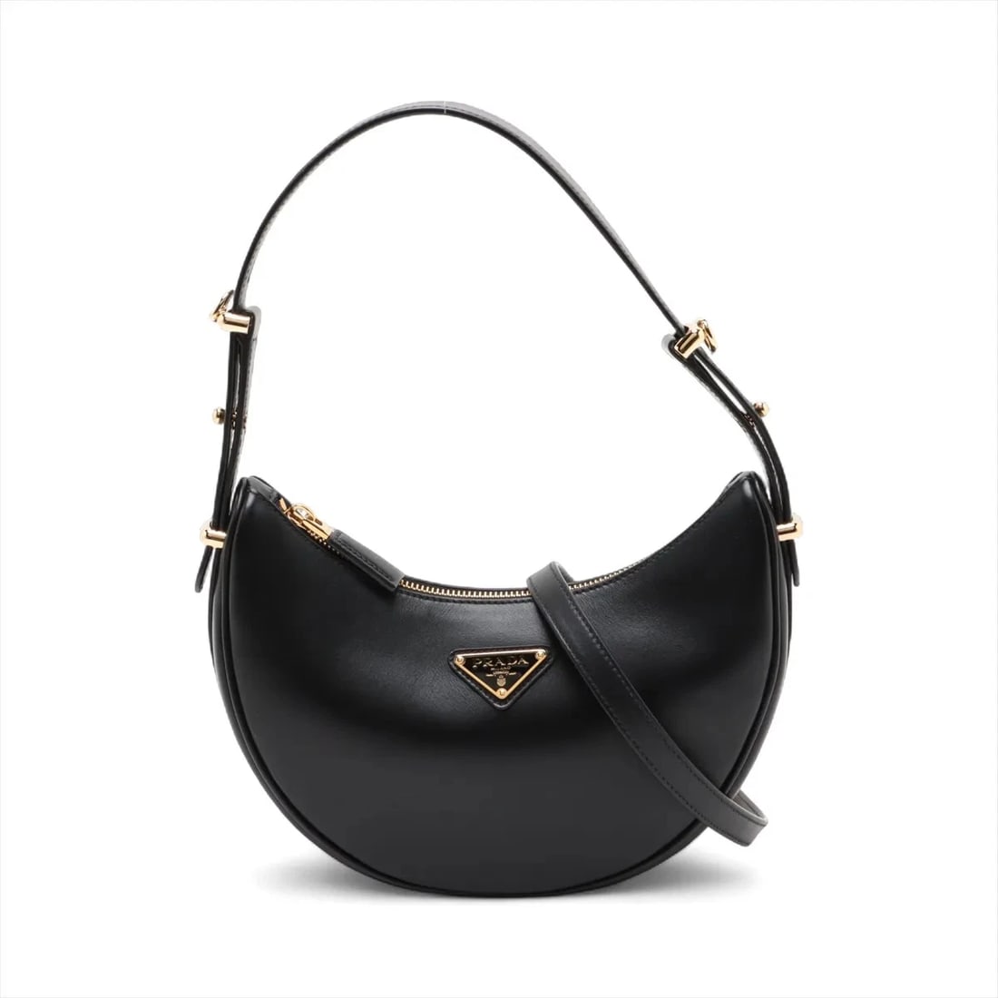 PRADA ARKE LEATHER 2 WAY SHOULDER BAG: Prada Arke Leather 2 Way Shoulder Bag Brand: Prada Type: Shoulder bag Material: Leather Color: Black Size: Height:7.1inch Length:9.4inch Depth:2.4inch Handle height:8.5inch Shoulder height:24.2inc