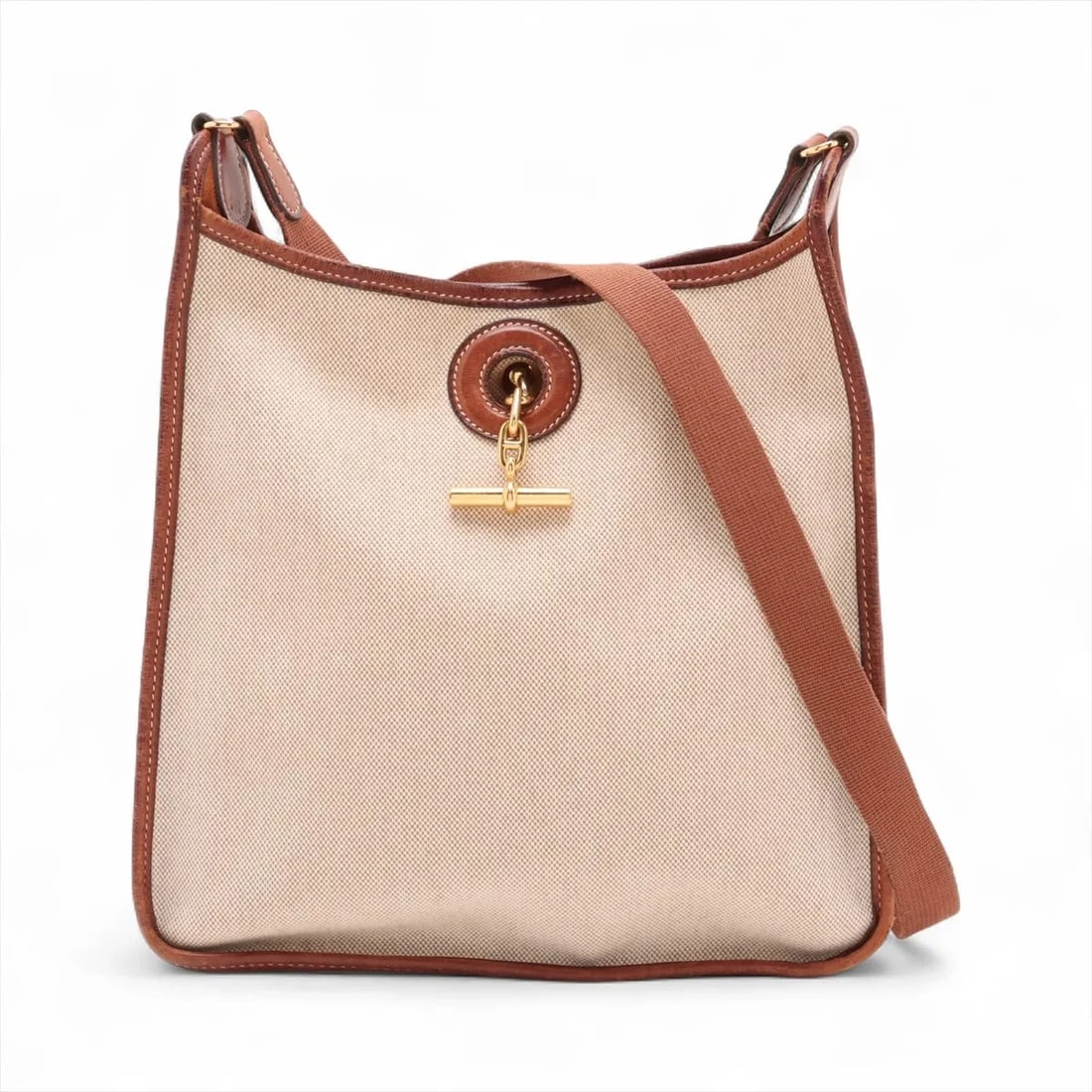 HERMÈS VESPA PM TWIRL ASH X LEATHER BROWN GOLD: Hermès Vespa PM twirl ash x leather Brown Gold Brand: Hermès Type: Shoulder bag Material: Toile H Color: Brown Size: Height:11.4inch Length:11.0inch Depth:2.8inch Shoulder height:18.5inch Acces