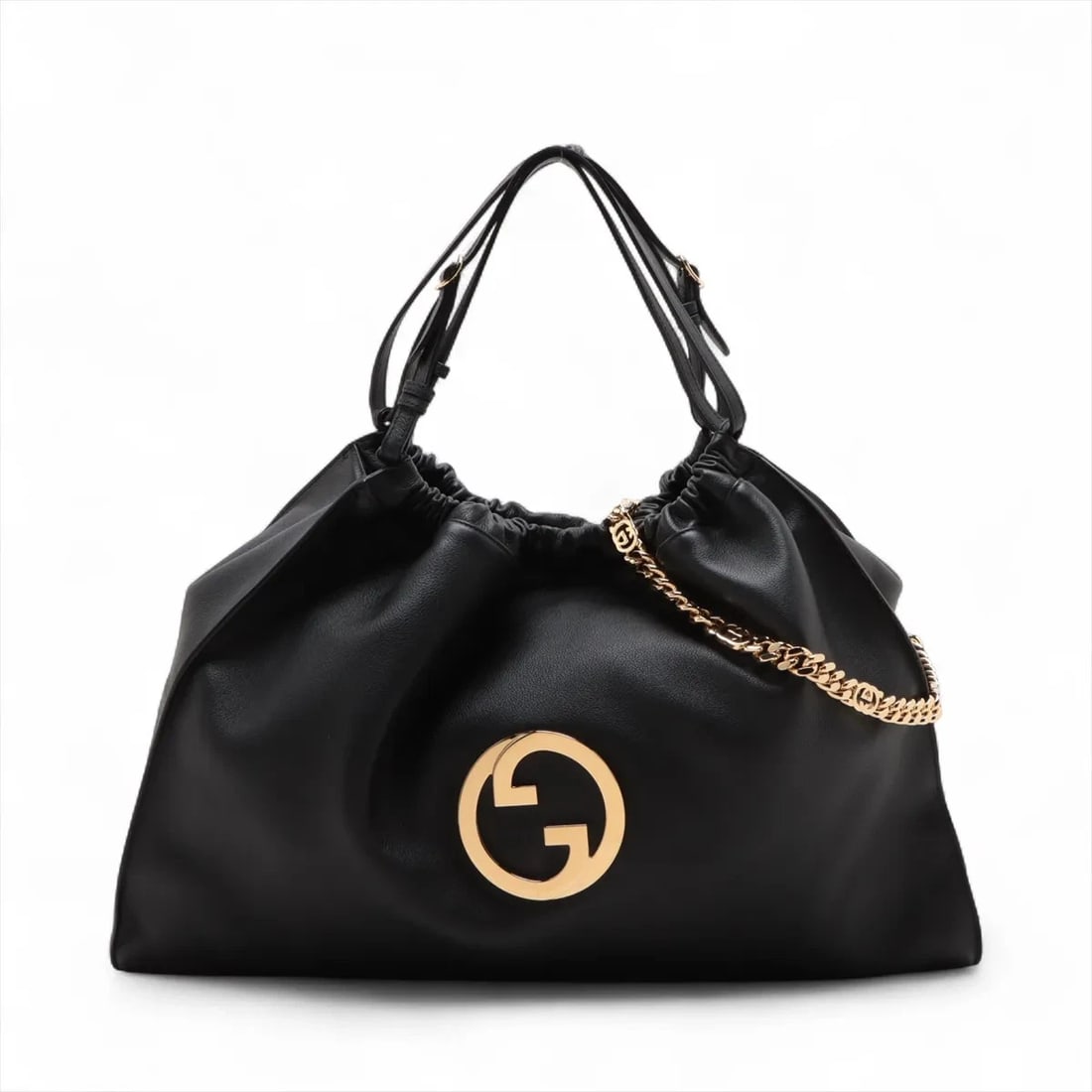 GUCCI BLONDIE LEATHER 2 WAY SHOULDER BAG: Gucci Blondie Leather 2 Way Shoulder Bag Brand: Gucci Type: Shoulder bag Material: Leather Color: Black Size: Height:15.4inch Length:20.7inch Depth:2.8inch Shoulder height:8.7inch Accessories: No