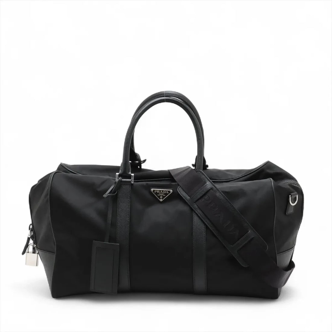 PRADA TESSUTO & SAFFIANO NYLON X LEATHER 2WAY BOSTON BAG: Prada Tessuto & saffiano nylon x leather 2WAY BOSTON BAG Brand: Prada Type: Boston bag Material: Nylon Color: Black Size: Height:8.9inch Length:17.5inch Depth:9.3inch Handle height:7.1inch Shoulde